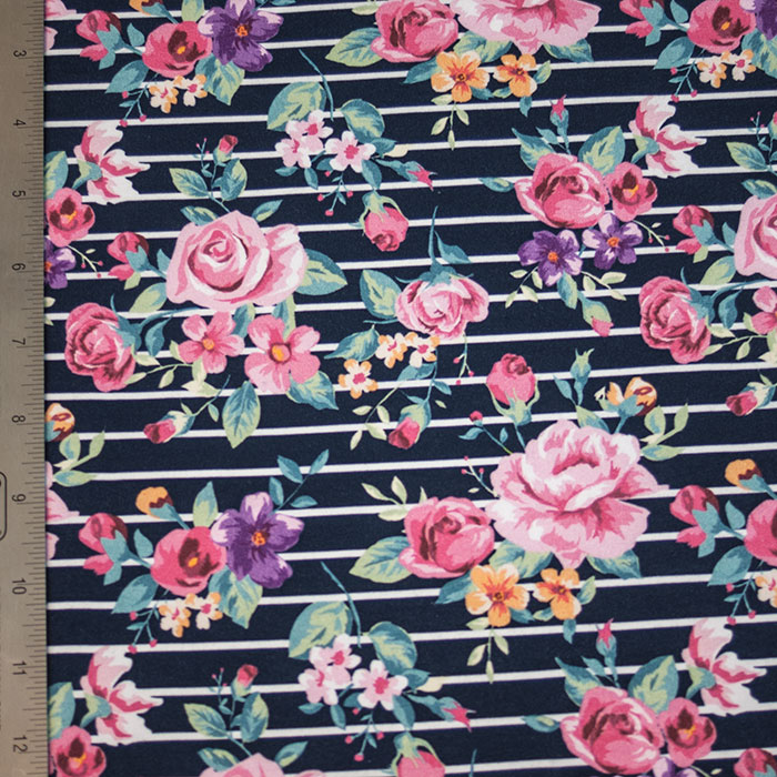 navy blue floral stripe knit fabric cotton lycra pink roses